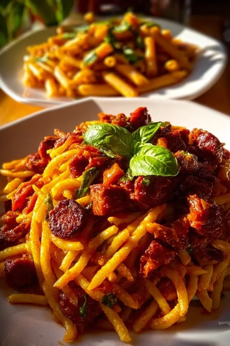Plate of easy chorizo pasta garnished with parsley and Parmesan cheese