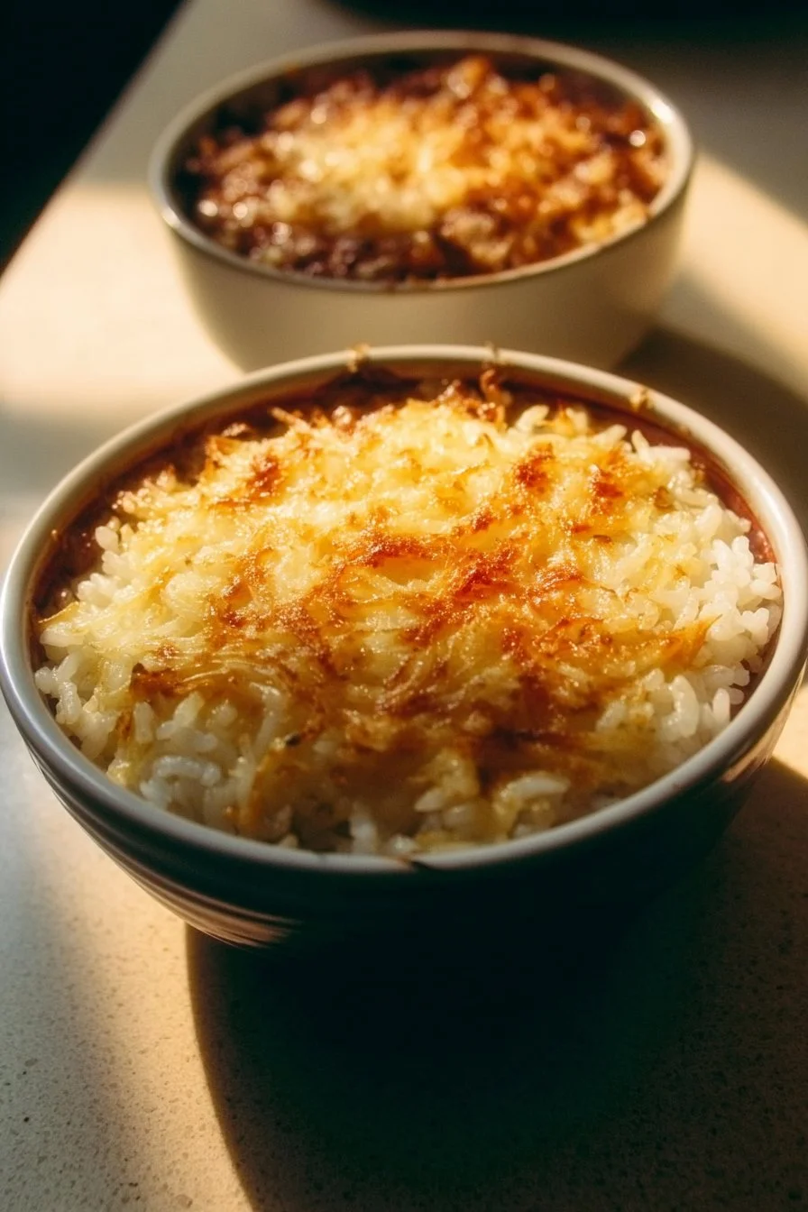 Delicious bowl of Easy French Onion Rice with onion and cheese topping