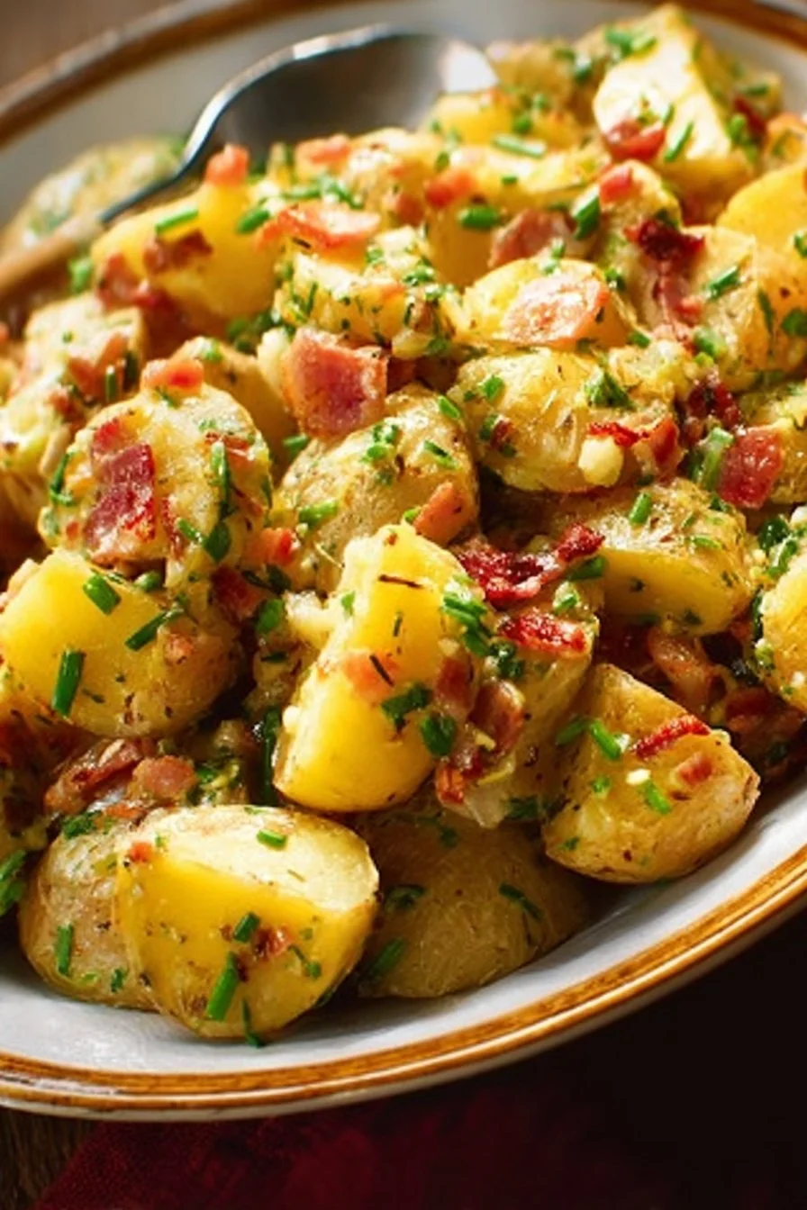 Bowl of easy German potato salad with herbs and dressing