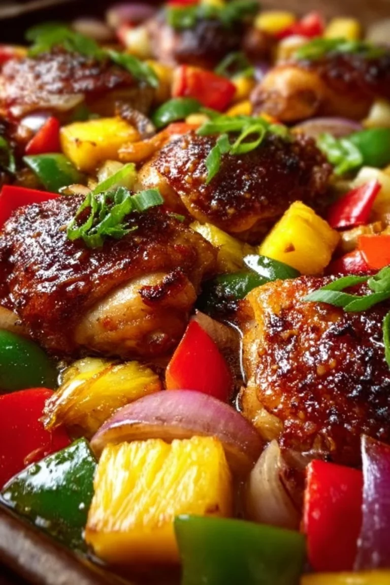 Easy Hawaiian Chicken Sheet Pan meal with vibrant vegetables and pineapple.