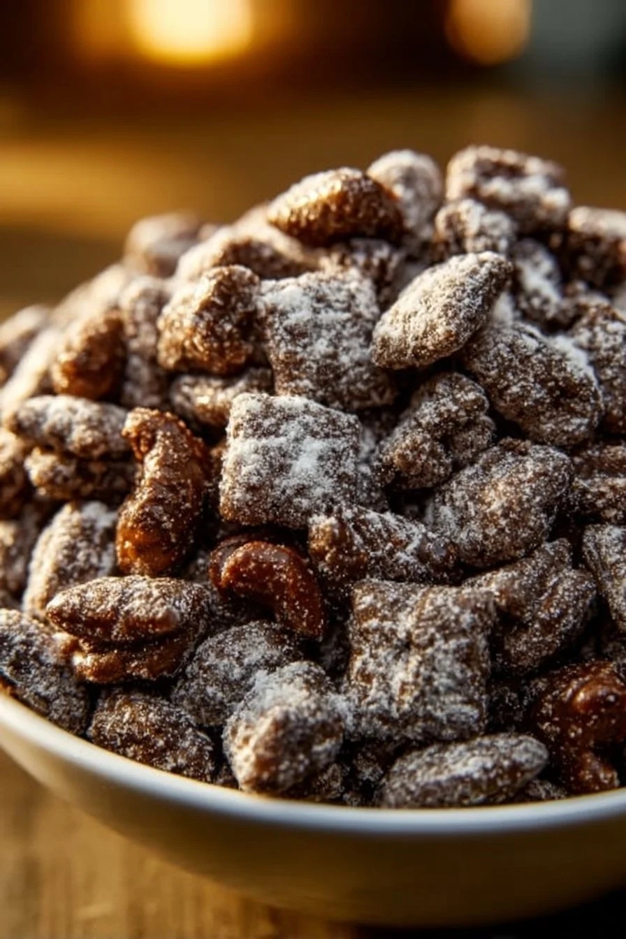 A delicious bowl of easy Muddy Buddies snack mix topped with chocolate and peanut butter.
