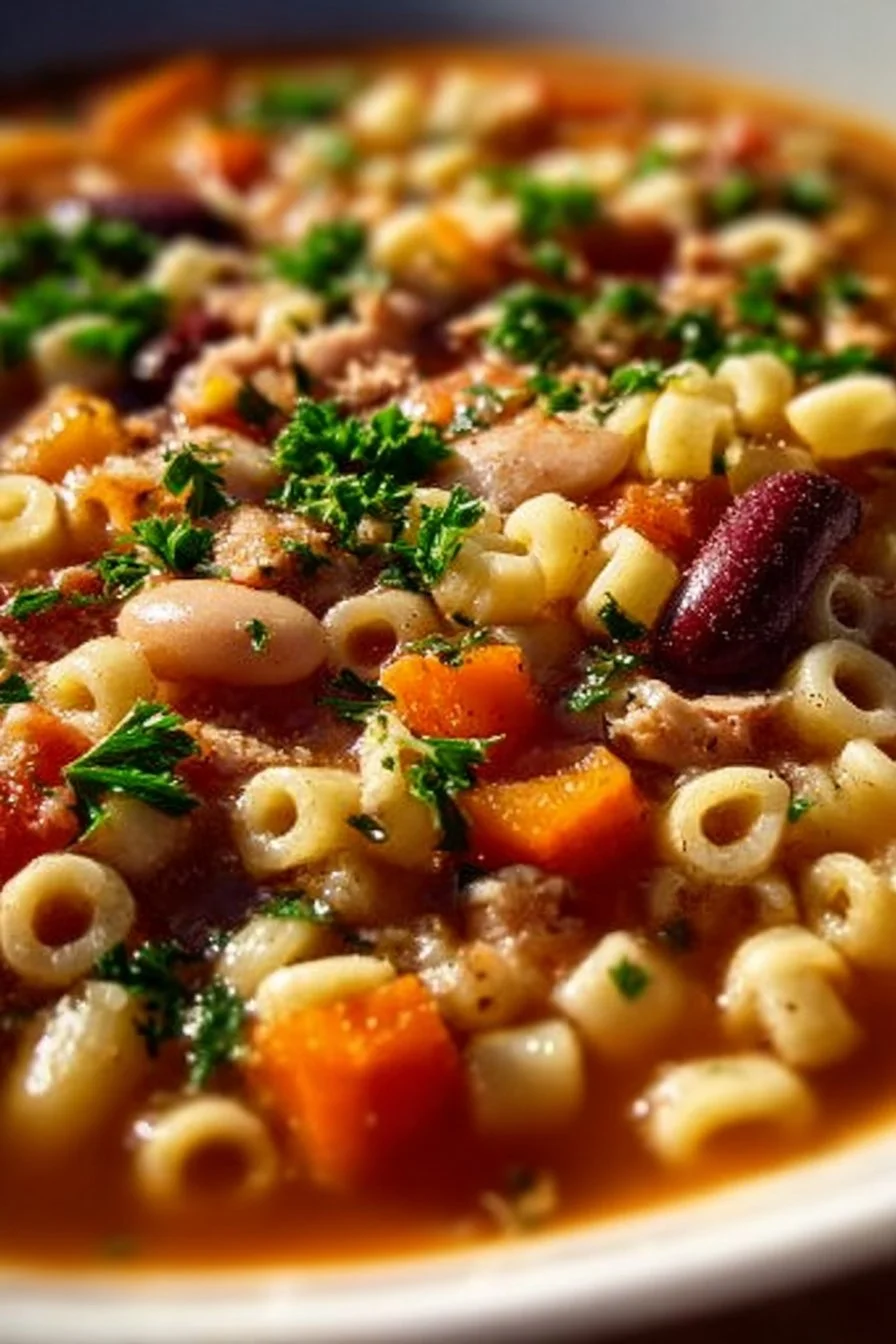 Bowl of easy pasta and beans dish garnished with parsley