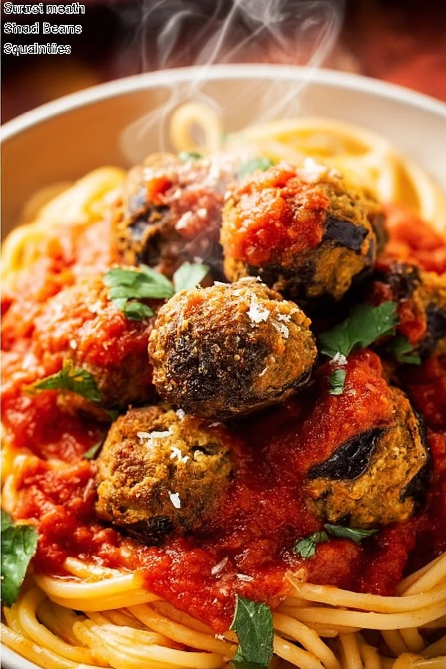 Plate of homemade eggplant meatballs served with marinara sauce.