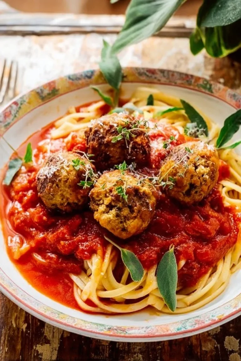Savory eggplant meatballs served with marinara sauce and fresh herbs
