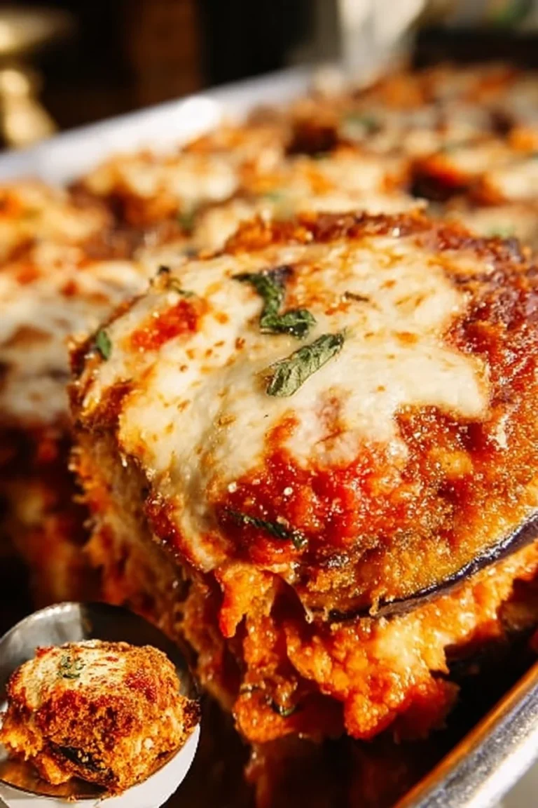 Deliciously baked Eggplant Parmesan with layers of cheese and marinara sauce.