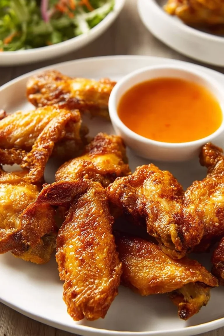 Plate of extra crispy fried chicken wings garnished with herbs