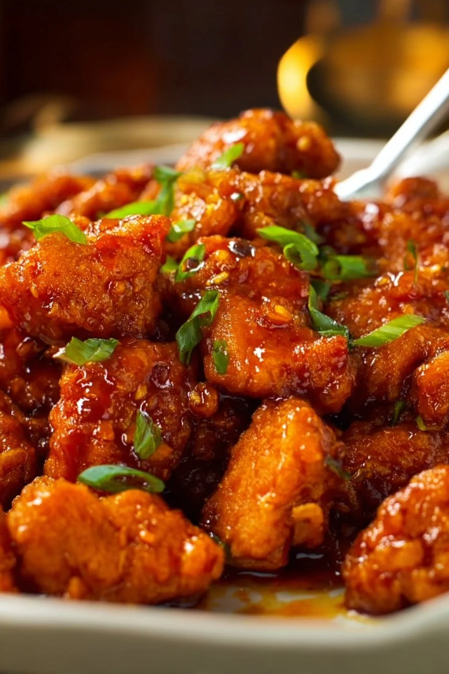 Spicy Firecracker Chicken dish garnished with green onions and sesame seeds.