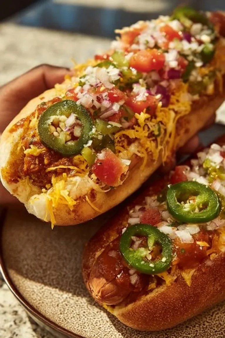 Firecracker hot dogs topped with spicy condiments and served on a grill