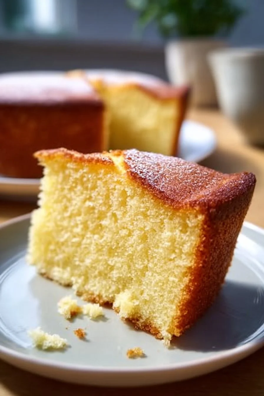 Delicious French Butter Cake slice on a plate, showcasing its moist texture.