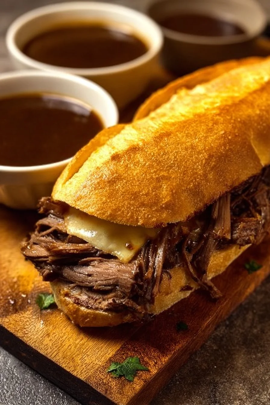 Delicious French Dip Sandwiches served with savory au jus and melted cheese.
