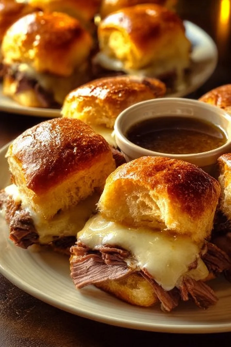 Delicious French Dip Sliders with juicy beef and au jus served on mini buns