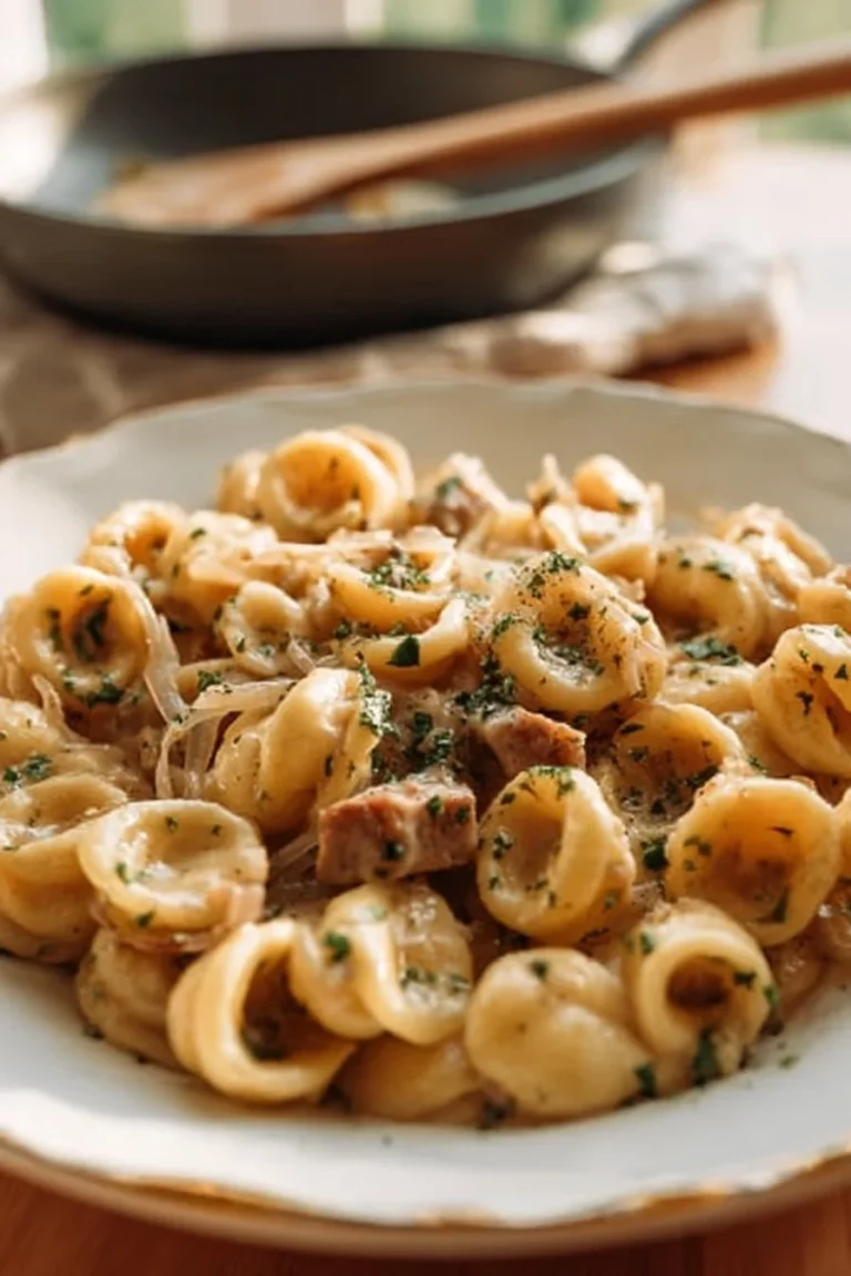 Delicious French Onion Pasta garnished with cheese and herbs