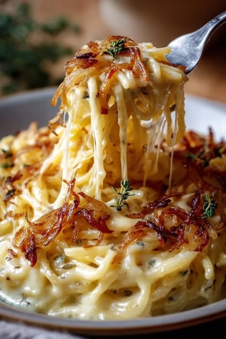 Bowl of cheesy French Onion Pasta garnished with herbs and onions
