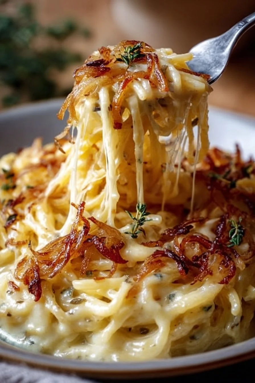 Bowl of cheesy French Onion Pasta garnished with herbs and onions