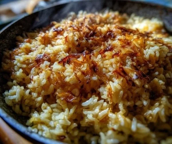Creamy French onion rice dish topped with melted cheese and caramelized onions