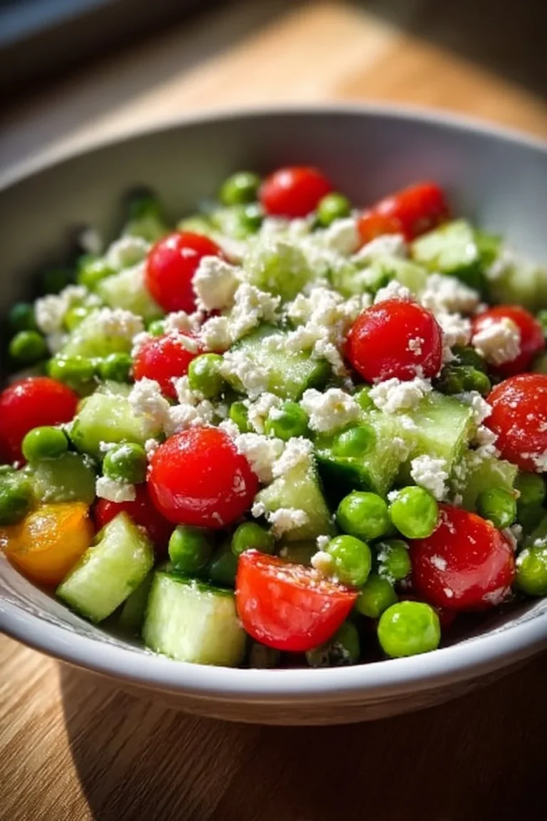 Bowl of fresh and crunchy pea salad with vibrant vegetables