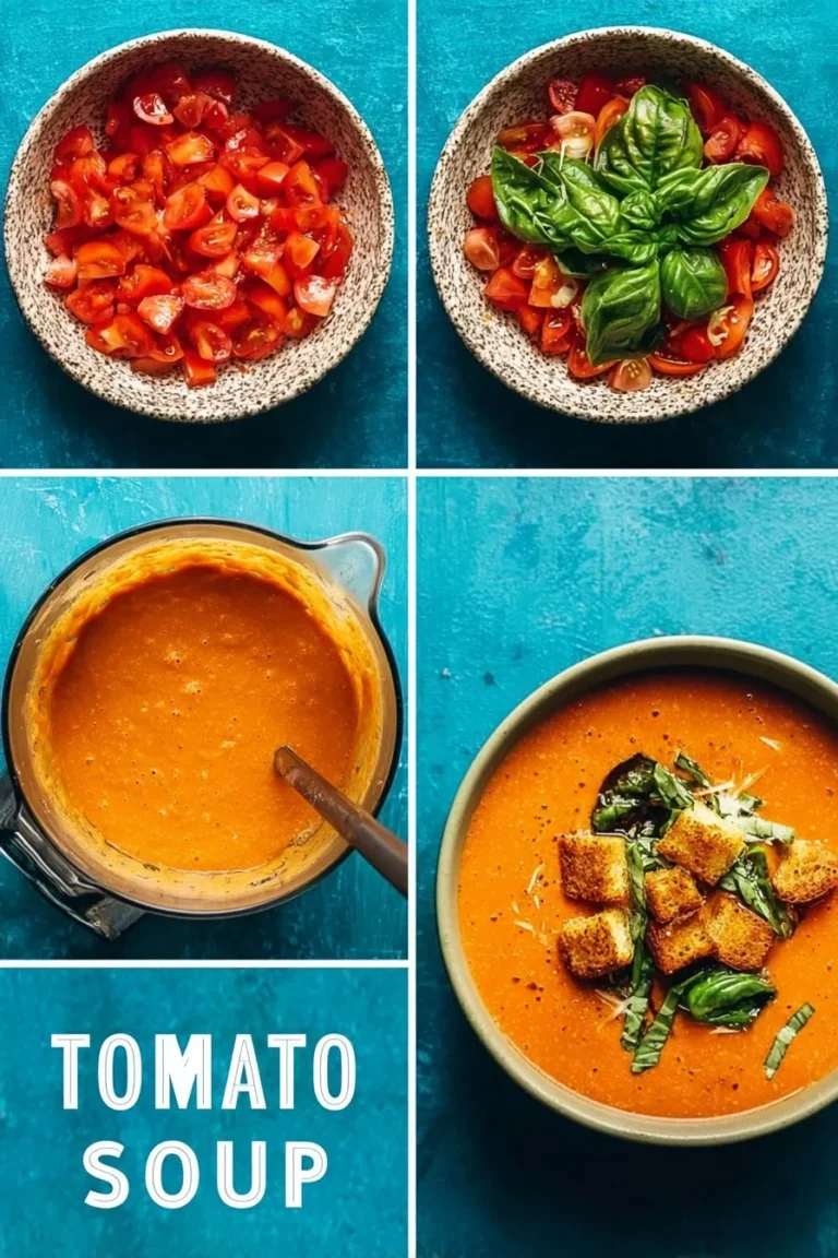 Bowl of fresh tomato basil soup garnished with basil leaves and tomatoes