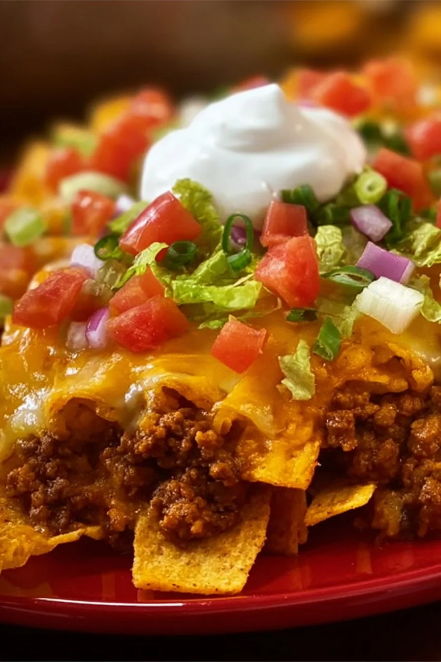 Frito Taco Bake served in a colorful casserole dish with toppings.