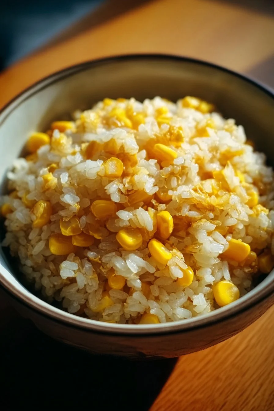 Delicious bowl of Garlic Corn Rice garnished with fresh herbs