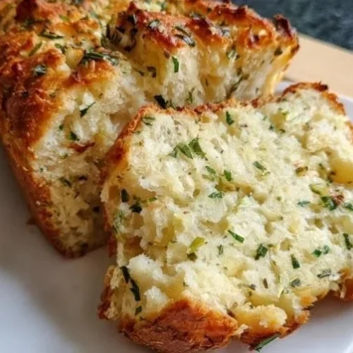 Freshly baked Garlic Herb Bread with herbs and garlic on a wooden board.