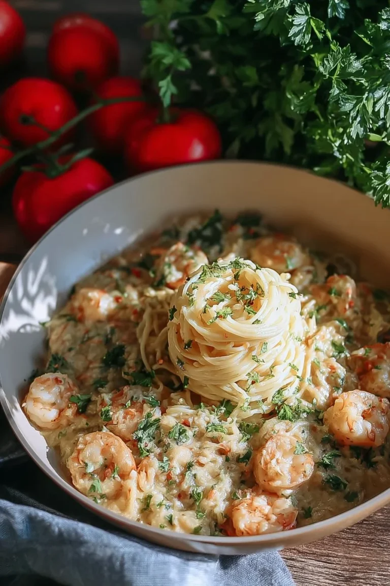 Delicious Garlic Shrimp Pasta garnished with parsley and served in a bowl
