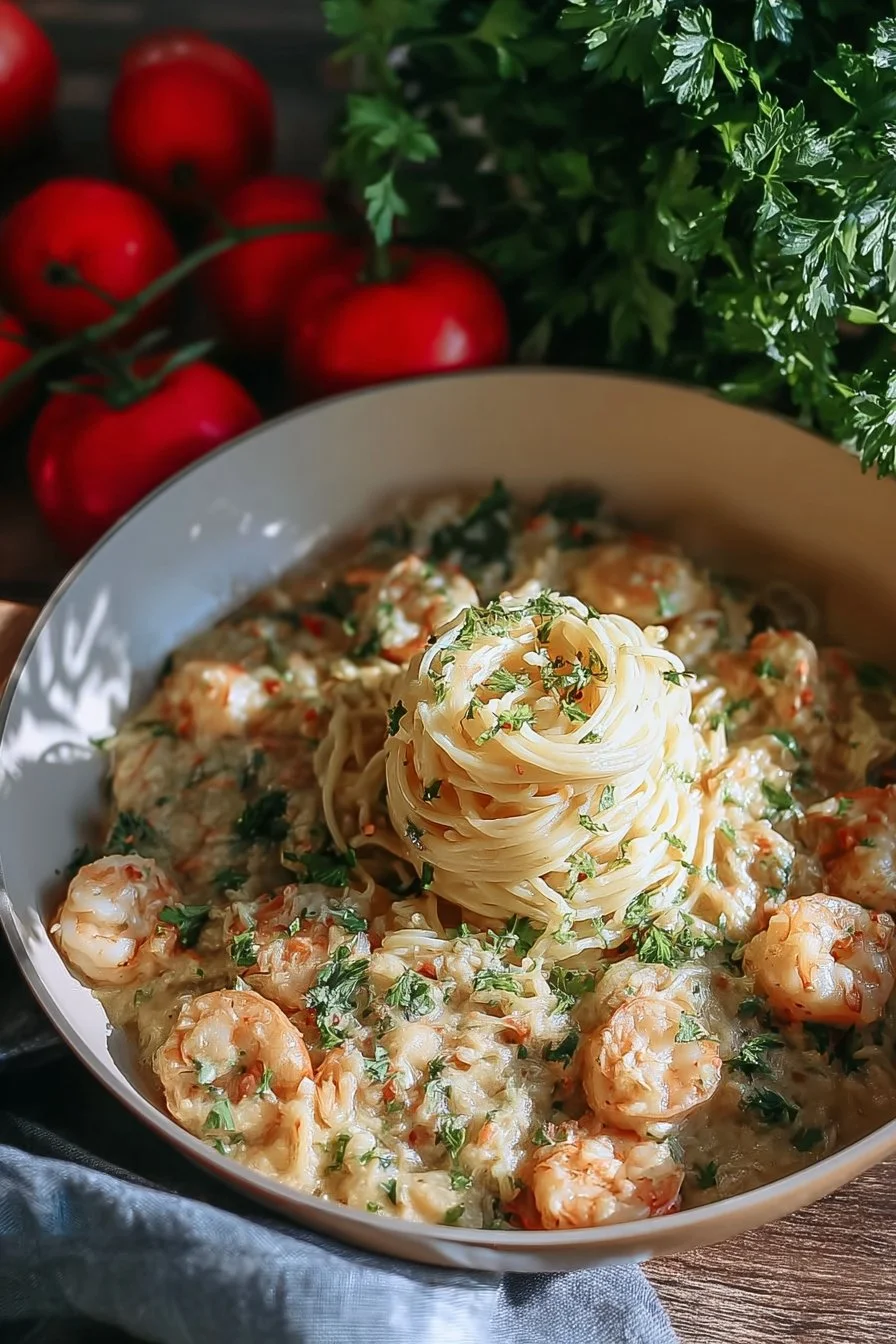 Delicious Garlic Shrimp Pasta garnished with parsley and served in a bowl