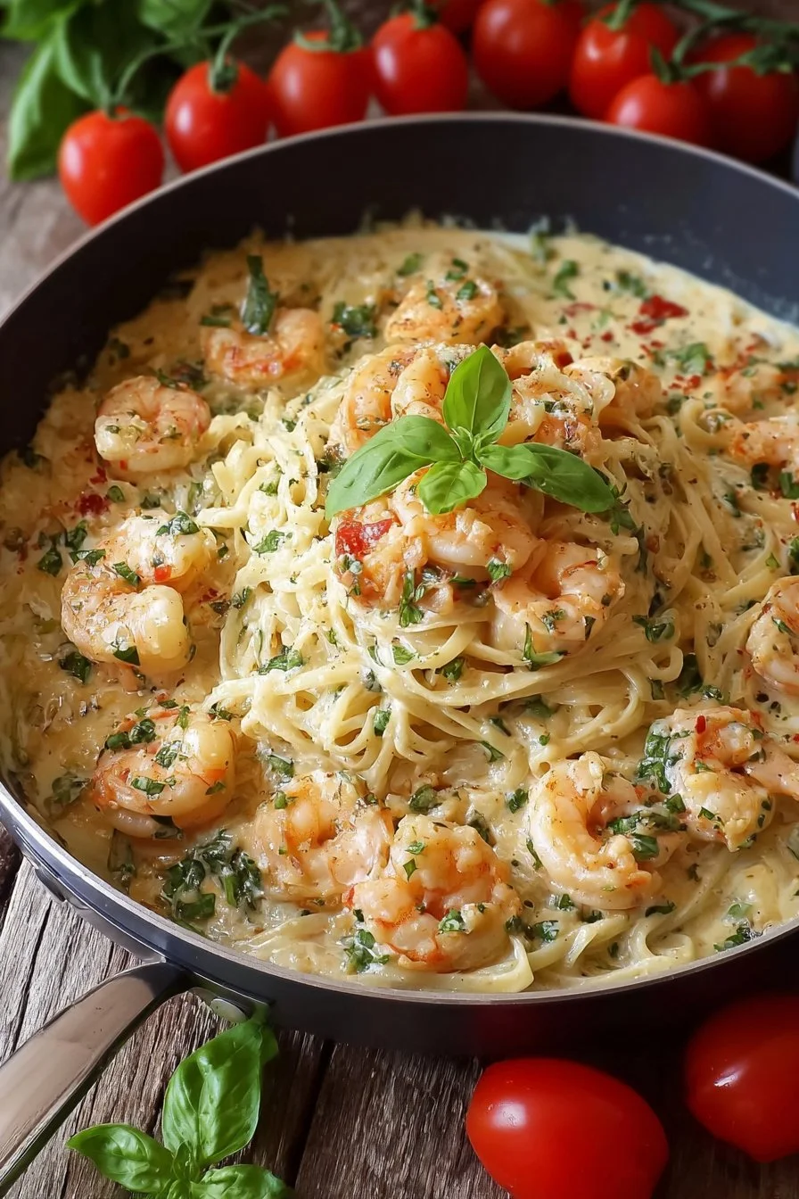 Delicious garlic shrimp pasta garnished with parsley and lemon.