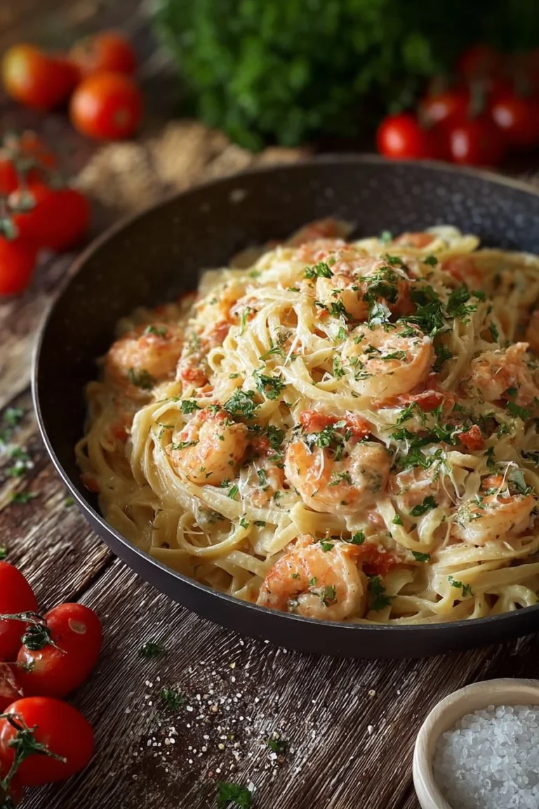 Plate of delicious Garlic Shrimp Pasta garnished with herbs