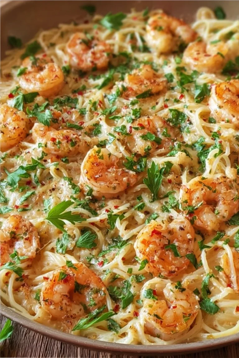 Garlic shrimp pasta dish with fresh shrimp, garlic, and herbs.