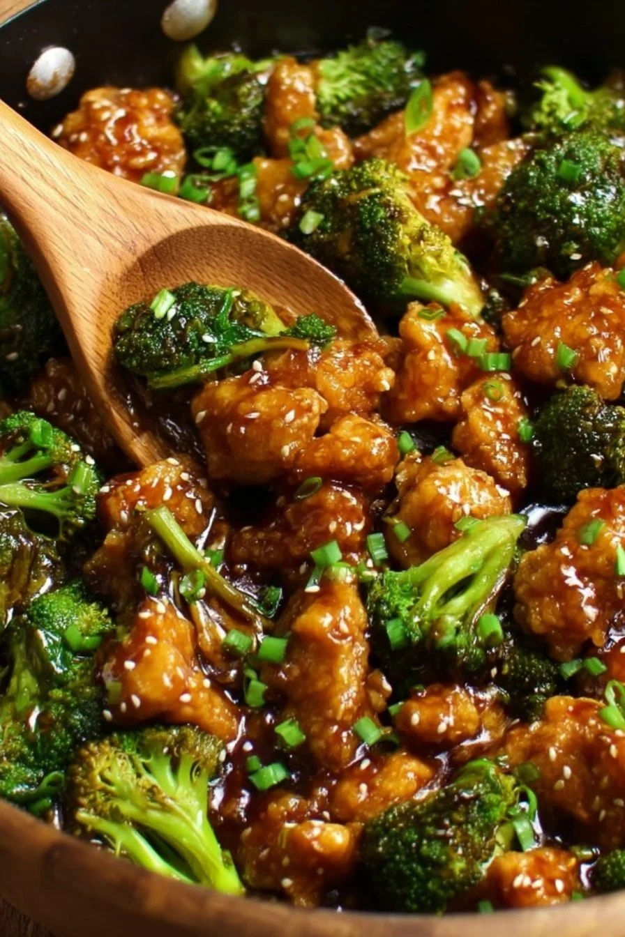Delicious plate of General Tso's Chicken garnished with scallions.