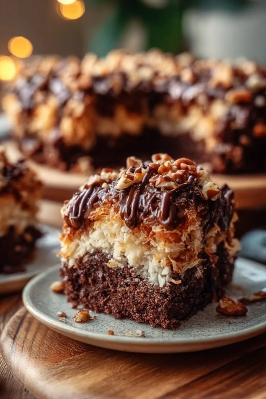 Slice of German Chocolate Poke Cake with coconut and pecan topping