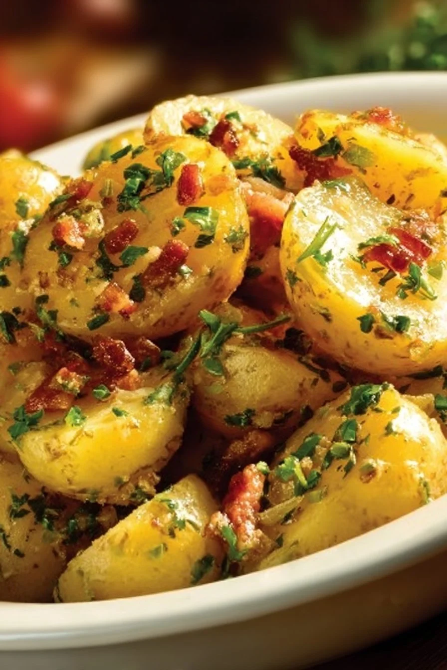 Bowl of authentic German potato salad with herbs and dressing