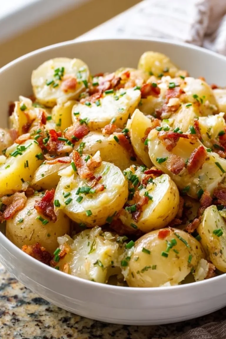 A bowl of traditional German Potato Salad garnished with herbs.