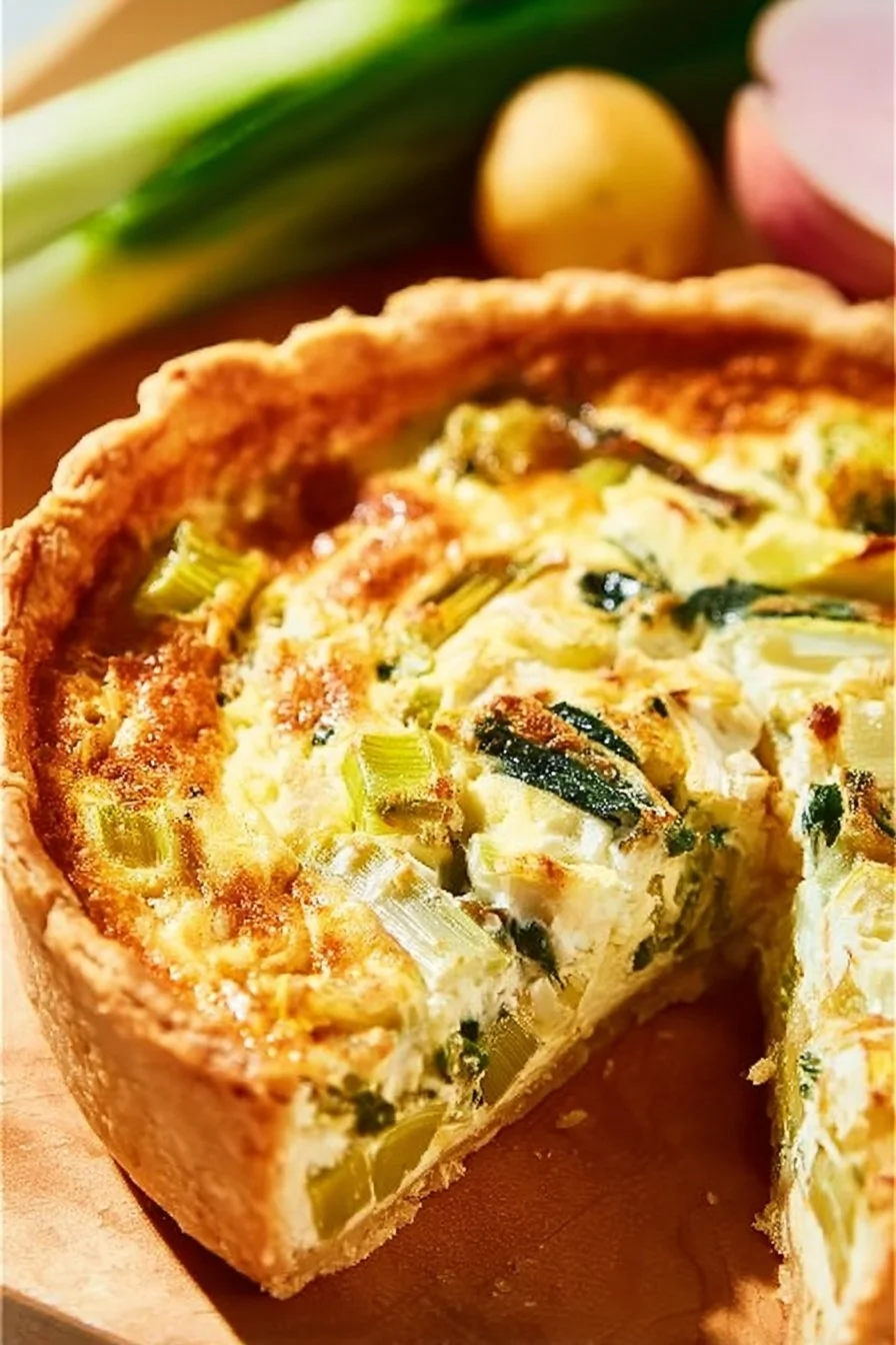 Goat cheese and leek quiche served on a wooden table