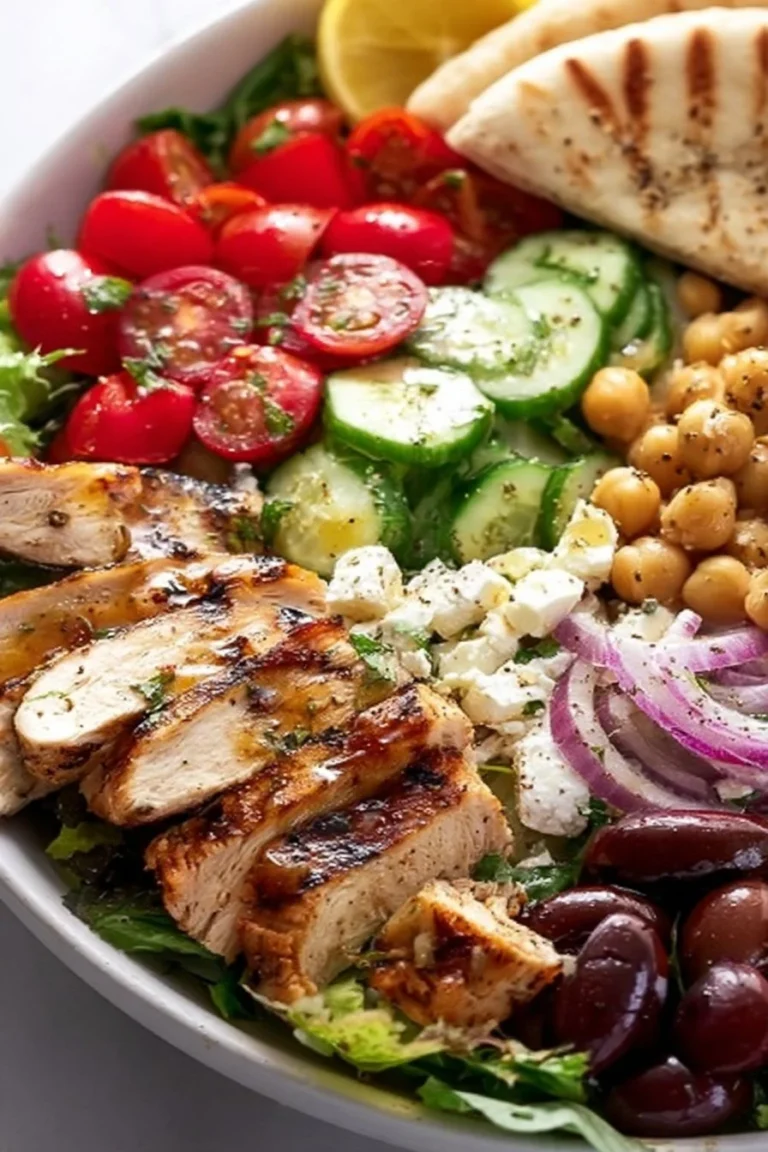 Healthy Greek Chicken Bowl with marinated chicken and fresh vegetables