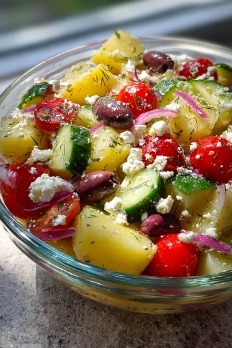 A bowl of fresh Greek Potato Salad with olives, feta cheese, and herbs
