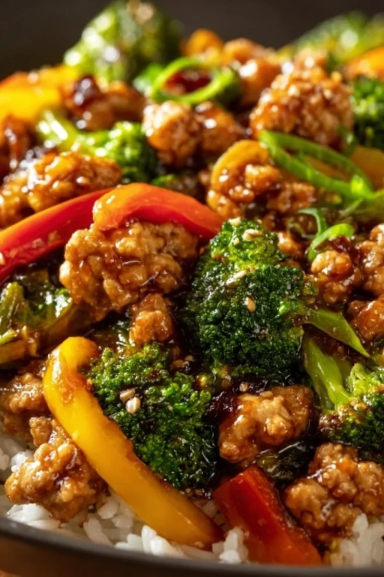 Ground Chicken Teriyaki Stir Fry with vegetables in a skillet
