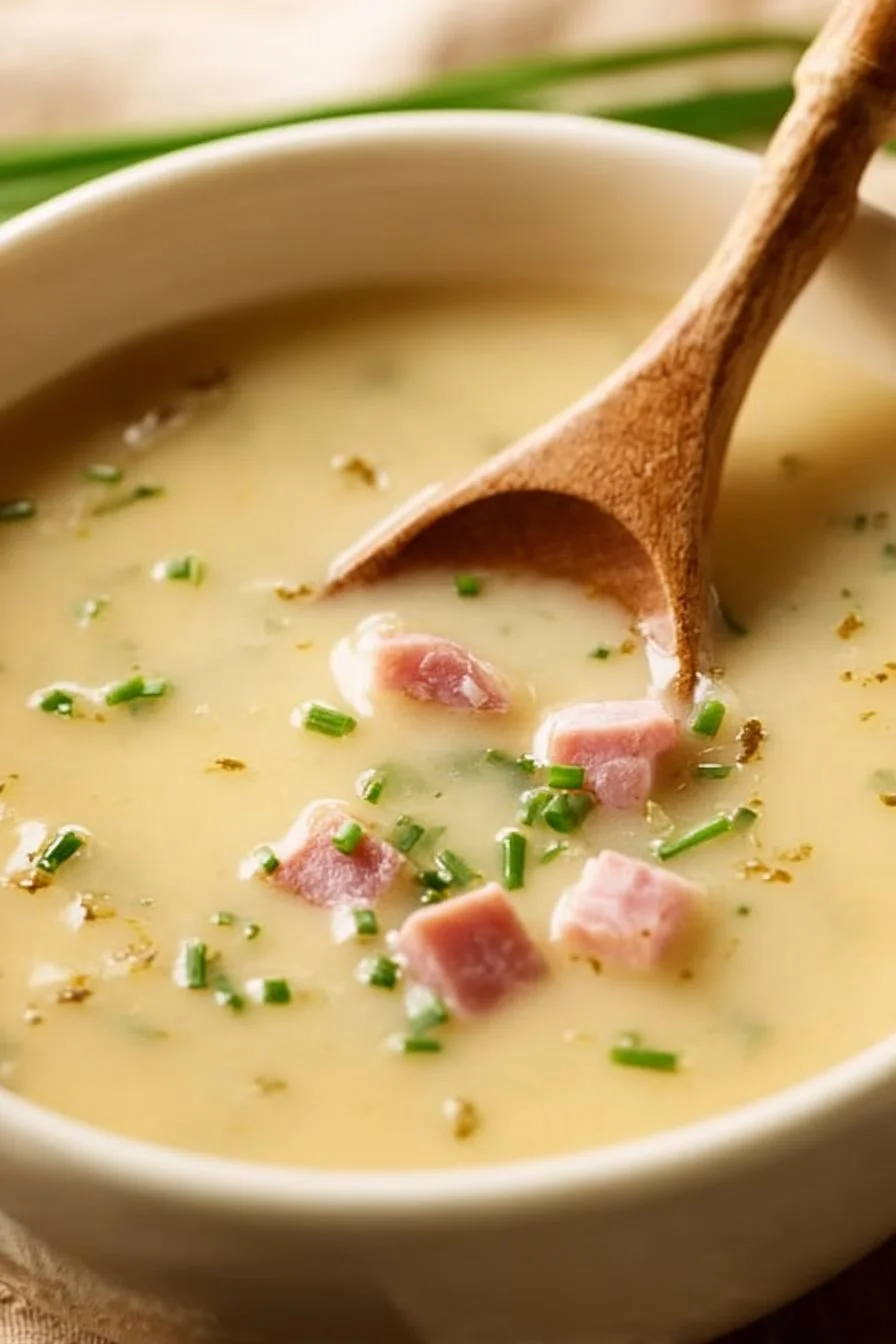 Bowl of homemade Ham and Potato Soup topped with herbs