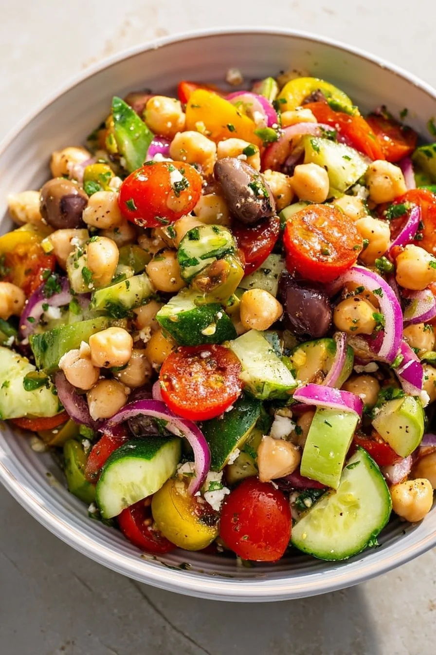 Healthy chickpea salad with fresh vegetables and dressing