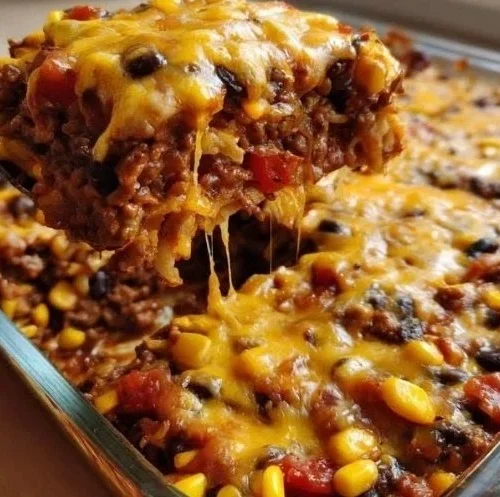 Hearty cattle drive casserole with beef, beans, and cheese baked to perfection.