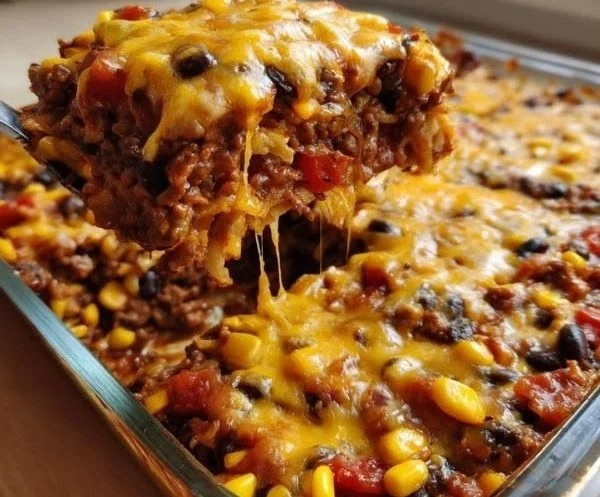 Hearty cattle drive casserole with beef, beans, and cheese baked to perfection.