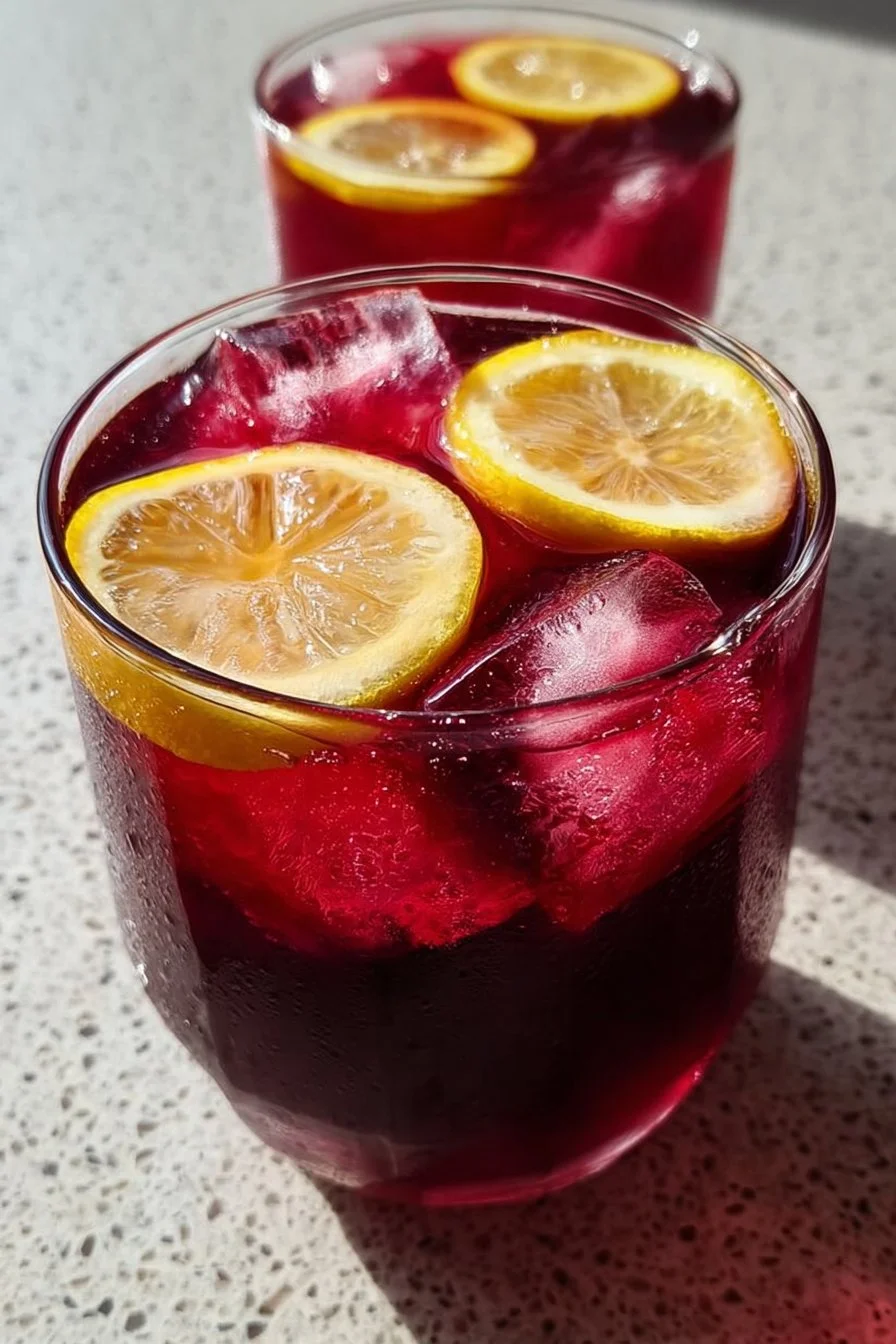 A refreshing glass of hibiscus lemonade garnished with fresh mint and lemon slices.