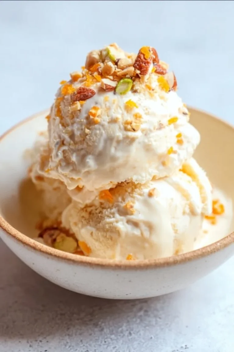 Delicious homemade carrot cake ice cream served in a bowl with toppings.