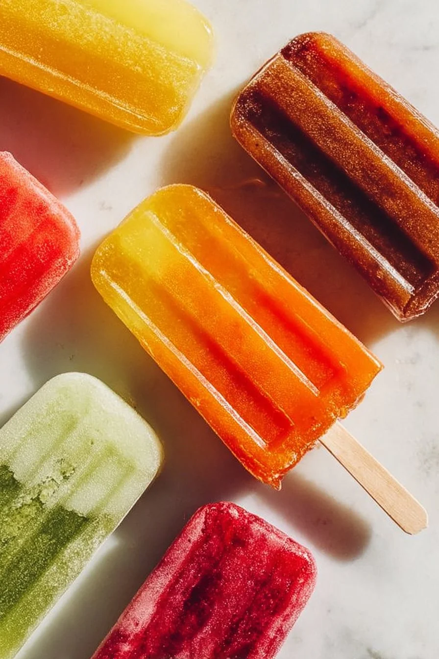 Colorful homemade fruity popsicles made with fresh ingredients