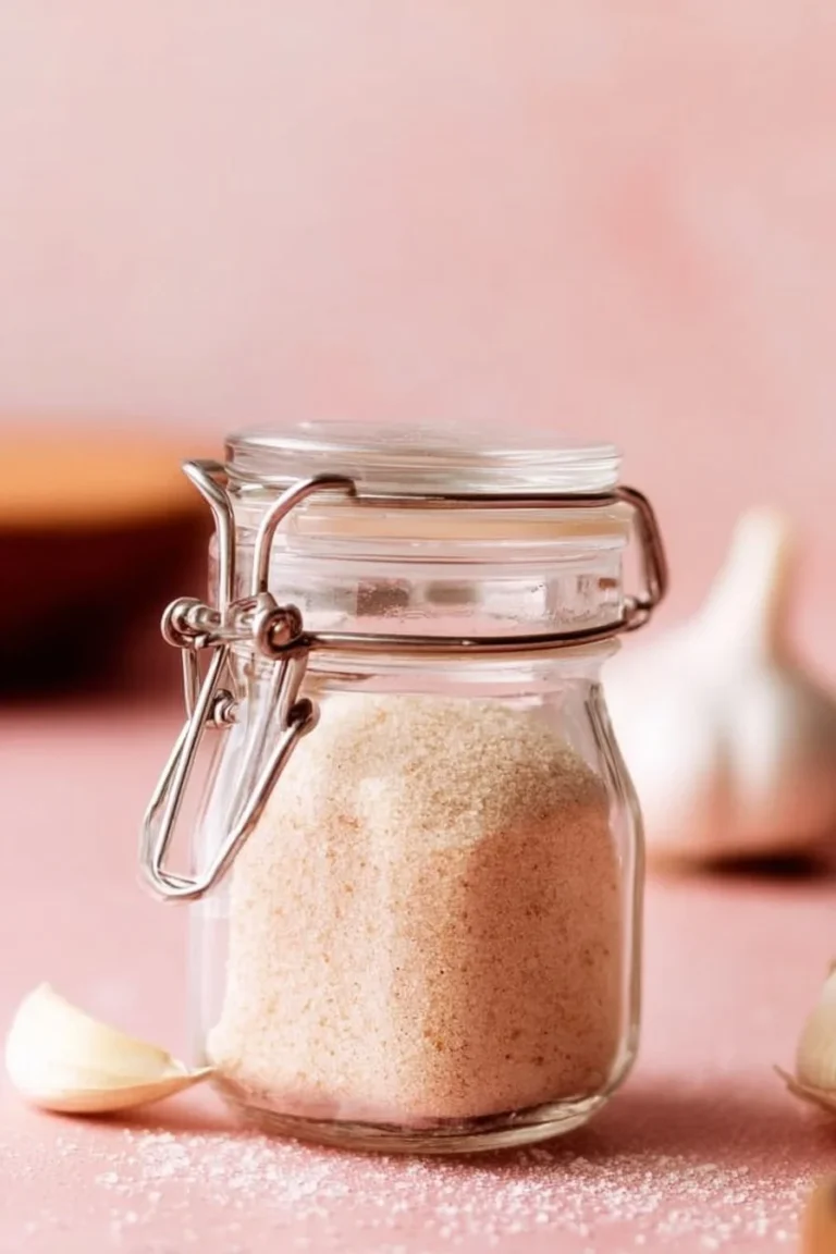 Homemade garlic salt in a small jar with garlic cloves