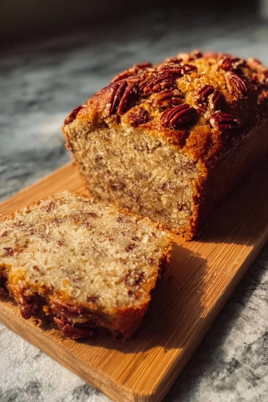 Loaf of homemade pecan bread with nuts on a wooden table