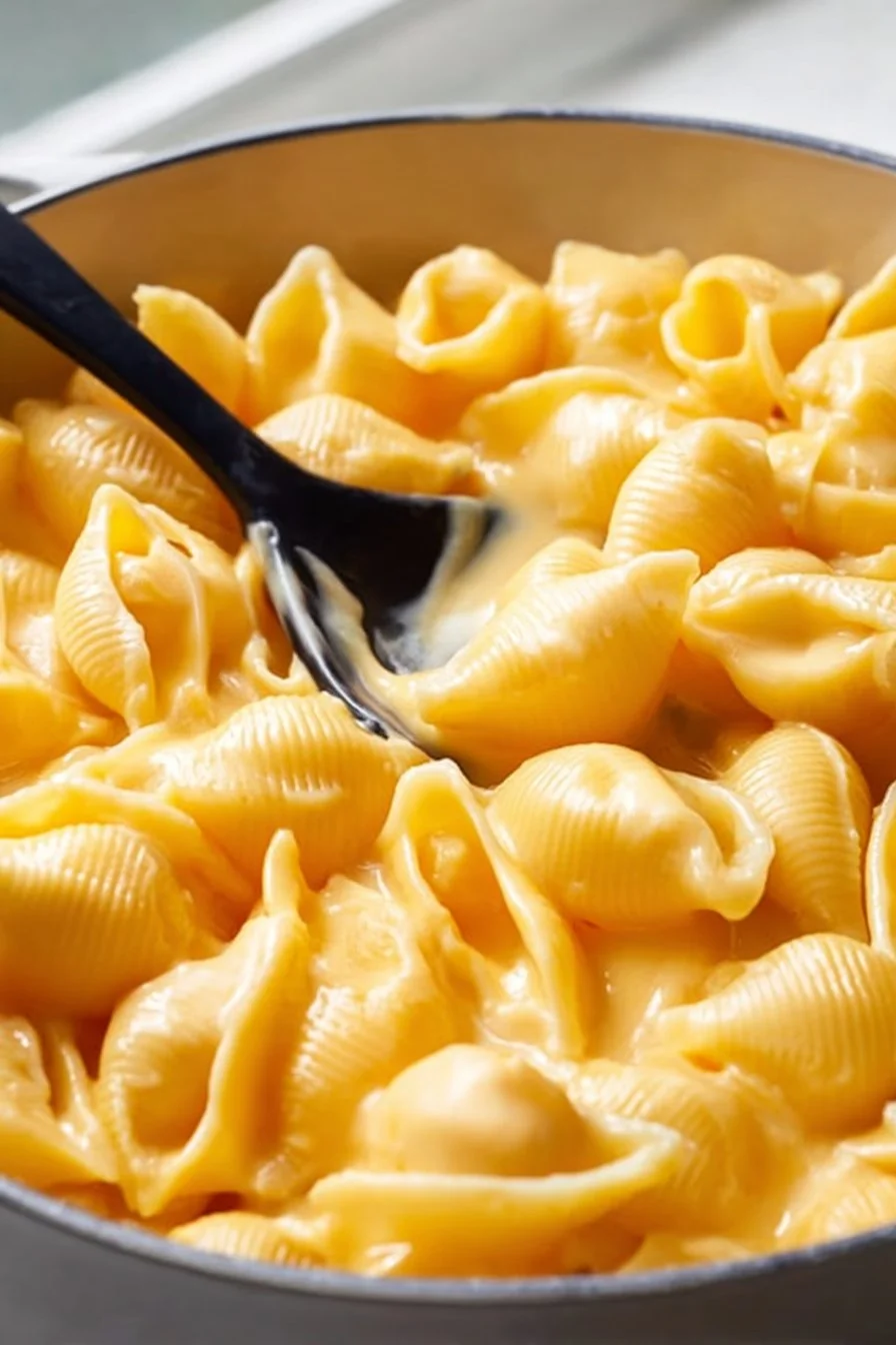 Creamy homemade shells and cheese served in a bowl, garnished with herbs.