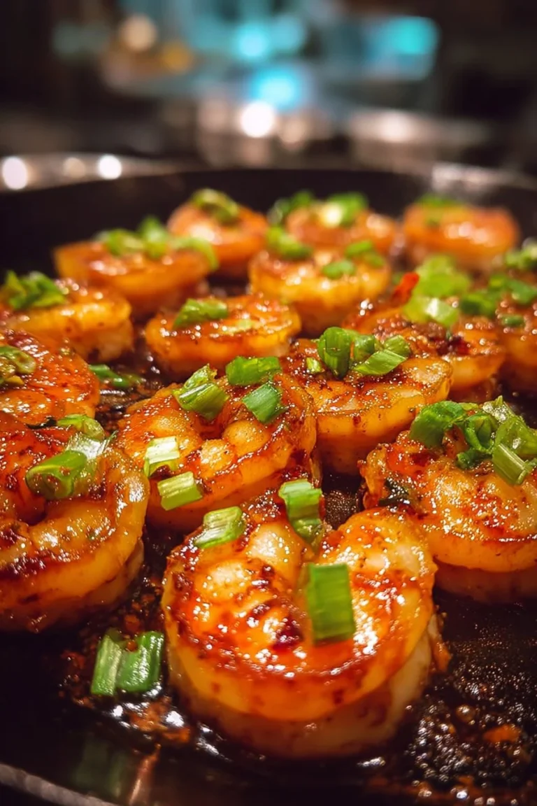 Plate of honey garlic shrimp garnished with green onions and served with rice.