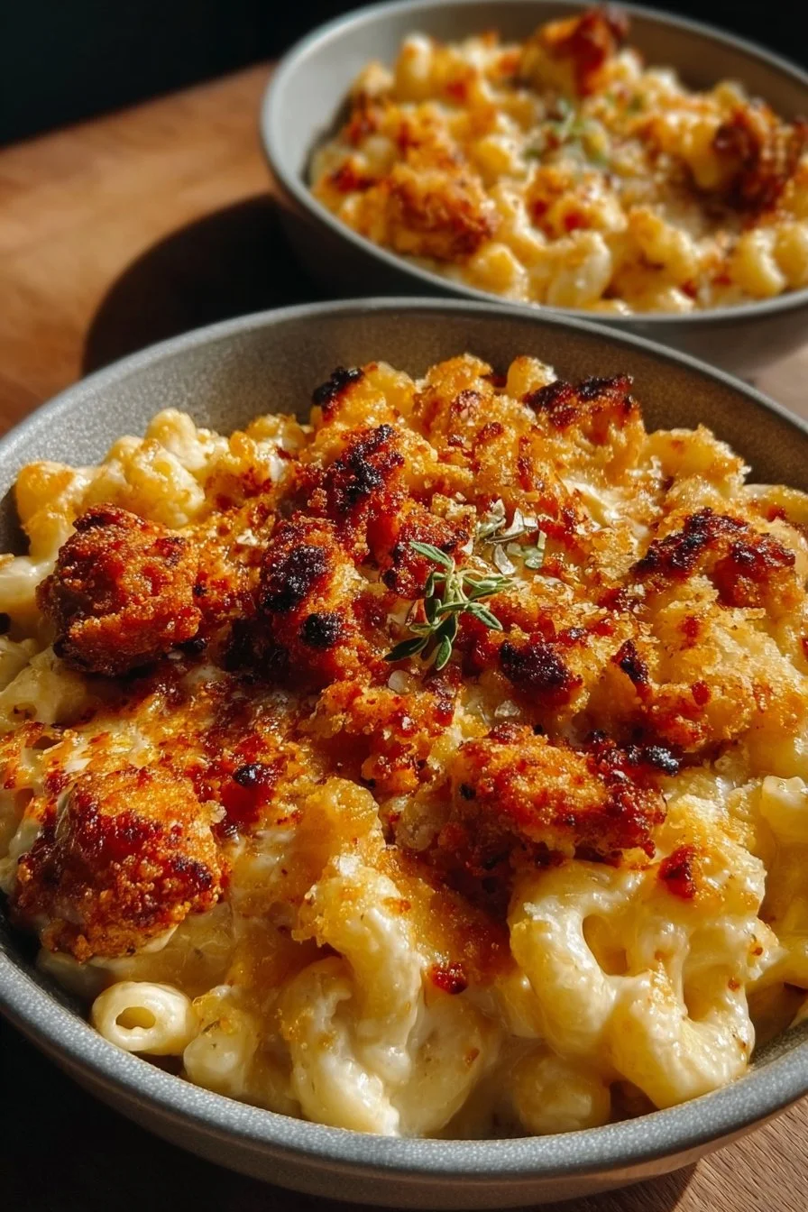 Honey Pepper Chicken Mac Cheese dish with creamy cheese sauce and spices