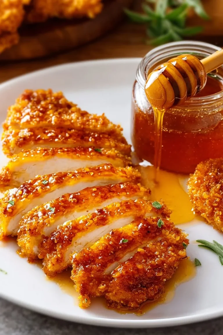 Delicious hot honey chicken breast garnished with herbs and spices.